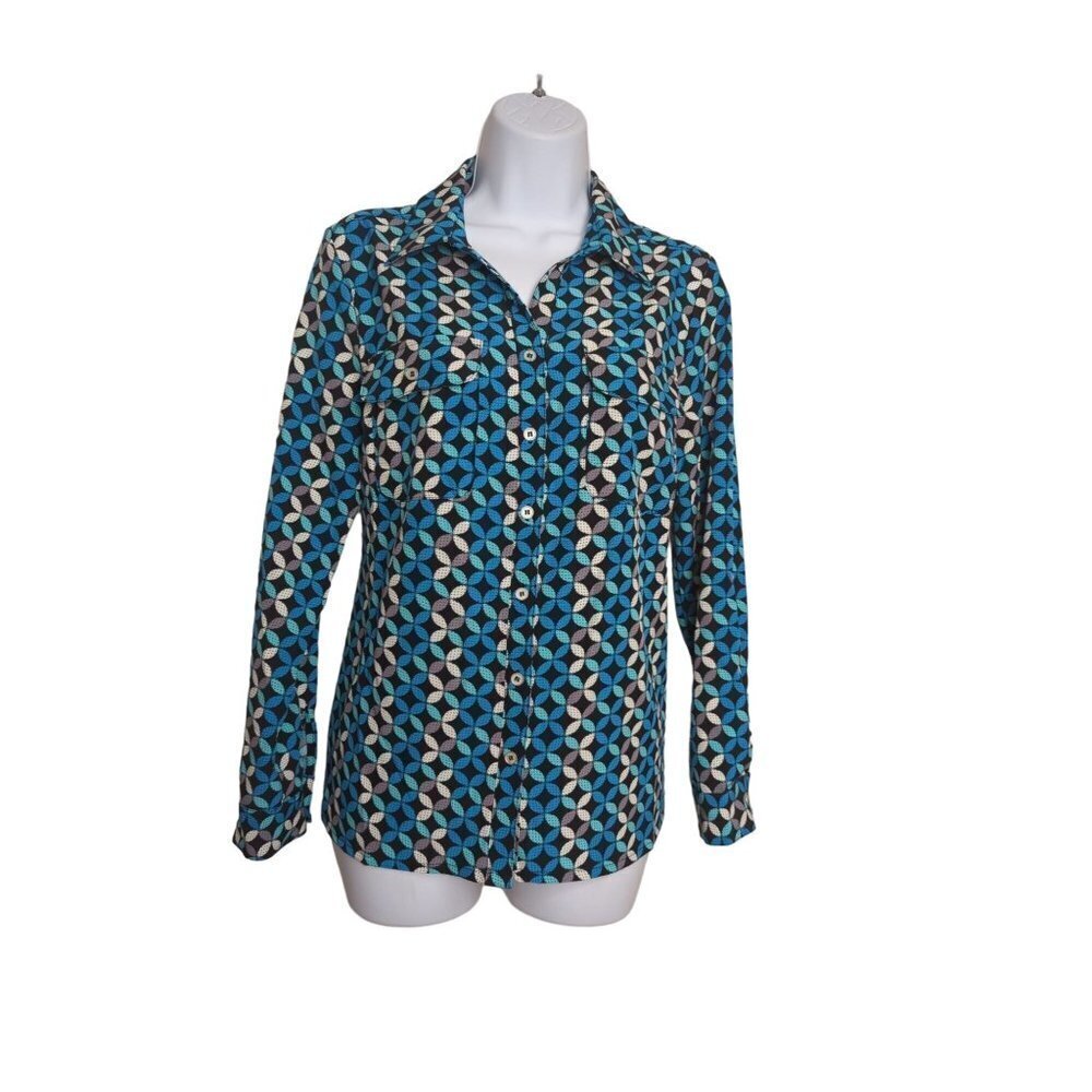Notations Women's Blouse Blue Geometric pattern button down tab sleeve S (NWT)